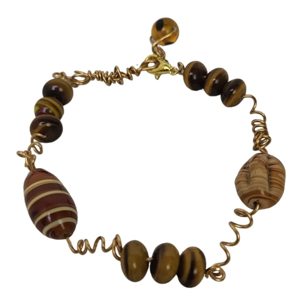 Tigers Eye Spiral Twist Venetian Murano Glass Copper Bracelet